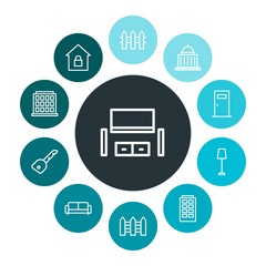 buildings, furniture Infographic Colorful outline Icons Set. Contains such Icons as  technology, architecture, entrance, lamp,  exterior,  courthouse,  front and more. Fully Editable. Pixel Perfect