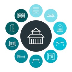 buildings, furniture Infographic Colorful outline Icons Set. Contains such Icons as  open, bed, door, chinese,  clothing,  architecture,  white,  interior,  sky and more. Fully Editable. Pixel Perfect