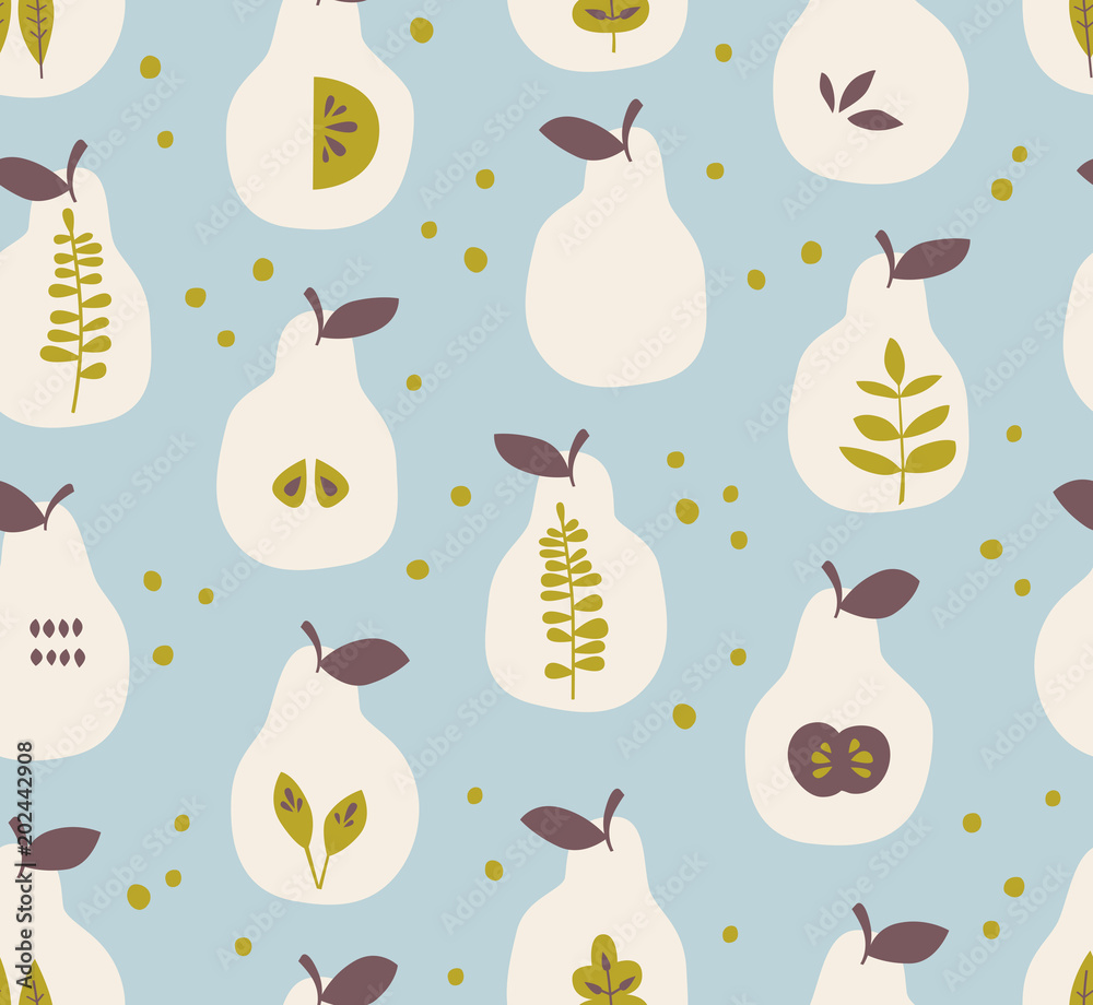 Poster seamless pattern with pears and leaves