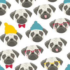 Endless pattern with pugs on white background.