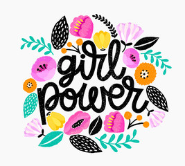 Girl Power - handdrawn illustration. Feminism quote made in vector. Woman motivational slogan. Inscription for t shirts, posters, cards. Floral digital sketch style design.