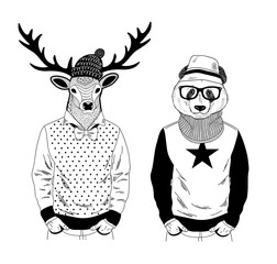 Nordic deer and Chinese bear panda friendly couple.