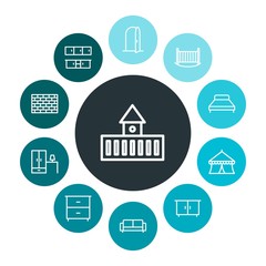 buildings, furniture Infographic Colorful outline Icons Set. Contains such Icons as  sign,  crib, kitchen,  structure,  fortress,  wooden,  architecture, circus and more. Fully Editable. Pixel Perfect