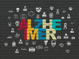Healthcare concept: Painted multicolor text Alzheimer on Black Brick wall background with  Hand Drawn Medicine Icons