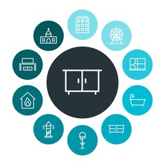 buildings, furniture Infographic Colorful outline Icons Set. Contains such Icons as  water,  chair,  eye,  wooden, london,  seat,  storage,  sign,  modern,  bed and more. Fully Editable. Pixel Perfect