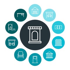 buildings, furniture Infographic Colorful outline Icons Set. Contains such Icons as  bank, mirror,  wood,  architecture,  finance, architecture,  gas,  triple and more. Fully Editable. Pixel Perfect