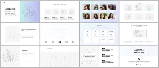 Minimal presentations, portfolio templates. Blue color elements, connection concept. Brochure cover vector design. Presentation slides for flyer, leaflet, brochure, report. Social network concept.