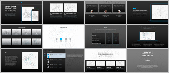Fototapeta na wymiar Minimal presentations, portfolio templates. Simple elements on black background. Brochure cover vector design. Presentation slides for flyer, leaflet, brochure, report. Social network concept