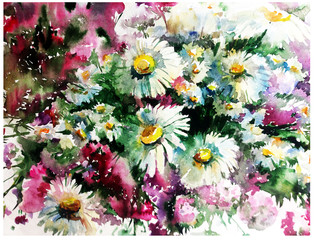 Abstract bright colored decorative background . Floral pattern handmade . Beautiful tender romantic  chamomiles wildflower meadow , made in the technique of watercolors from nature.