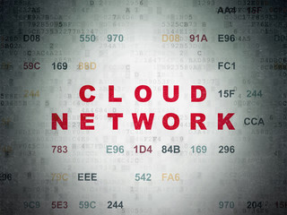 Cloud technology concept: Painted red text Cloud Network on Digital Data Paper background with Hexadecimal Code