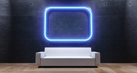 3d rendering of empty room with blue neon light and white sofa
