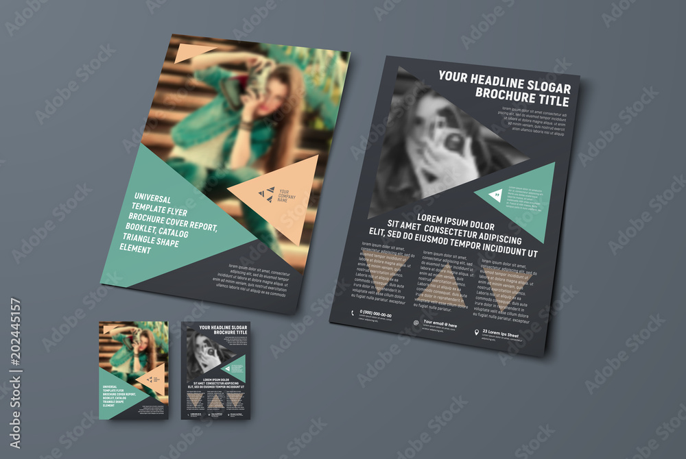 Poster Design the front and back pages of the flyer with triangular elements and a place for the photo.