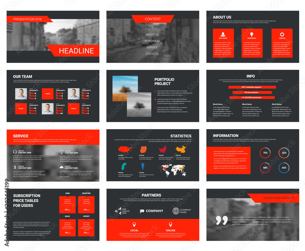 Poster Vector black slides template with red elements for presentation.