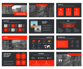 Vector black slides template with red elements for presentation. - obrazy, fototapety, plakaty