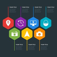 Flat geometric location, video, photos, time infographic steps template with 7 options for presentations, advertising, annual reports