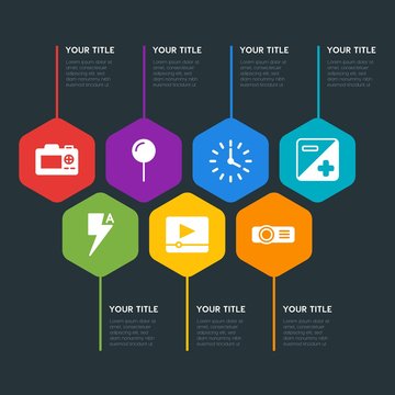 Flat geometric location, video, photos, time infographic steps template with 7 options for presentations, advertising, annual reports