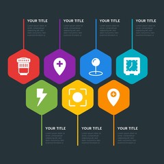 Flat geometric location, video, photos, time infographic steps template with 7 options for presentations, advertising, annual reports