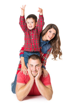 Family Portrait, Mother Father Child Boy, Pyramid Of Parents And Son Kid, Three People Isolated Over White Background, Looking At Camera