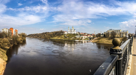 Lanscape view of river and churches with blue clouds on the bright. Vitebsk, Viciebsk, Belarus.