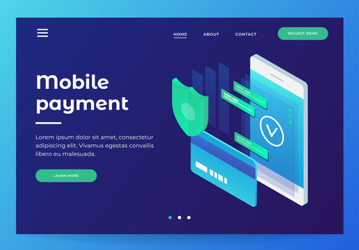 Concepts mobile payments, personal data protection. Header for website with smartphone and Bank card on blue background. Design for Landing Page. 3d isometric flat design. Vector illustration.