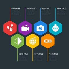 Flat geometric location, video, photos, time infographic steps template with 7 options for presentations, advertising, annual reports