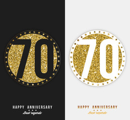 Set of 70th Happy anniversary cards template with gold elements. 