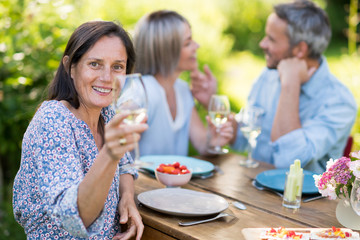 In summer. a group of friends in their forties gathered around a table in the garden to share a meal. They toast with their glasses of wine to the camera.