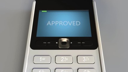 Payment or POS terminal with credit card featuring flag of Uruguay. Uruguayan retail commerce or banking system conceptual animation - Powered by Adobe