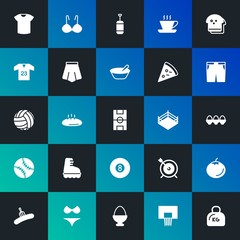 Modern Simple Set of food, clothes, sports, drinks Vector fill Icons. Contains such Icons as  female,  measurement,  ring, food and more on dark and gradient background. Fully Editable. Pixel Perfect.
