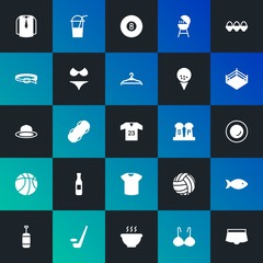 Modern Simple Set of food, clothes, sports, drinks Vector fill Icons. Contains such Icons as fashion,  glass, barbecue,  young and more on dark and gradient background. Fully Editable. Pixel Perfect.