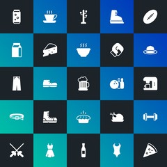 Modern Simple Set of food, clothes, sports, drinks Vector fill Icons. Contains such Icons as  slice, chicken,  footwear, hot and more on dark and gradient background. Fully Editable. Pixel Perfect.