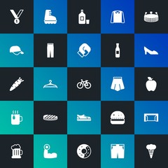 Modern Simple Set of food, clothes, sports, drinks Vector fill Icons. Contains such Icons as  sport,  meal,  game,  skate, food and more on dark and gradient background. Fully Editable. Pixel Perfect.
