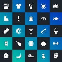 Modern Simple Set of food, clothes, sports, drinks Vector fill Icons. Contains such Icons as  food,  bow,  loaf,  fresh,  snack and more on dark and gradient background. Fully Editable. Pixel Perfect.