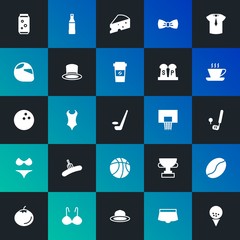 Modern Simple Set of food, clothes, sports, drinks Vector fill Icons. Contains such Icons as  award,  holiday, fashion,  red and more on dark and gradient background. Fully Editable. Pixel Perfect.