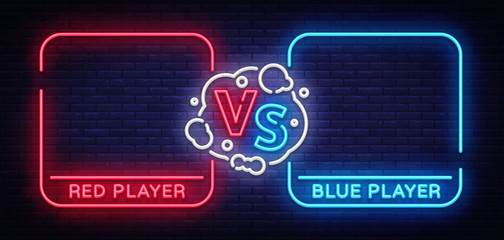 Versus screen design in neon style. Neon banner Announcement of two fighters. Blue futuristic neon VS leaves. Competition vs match game, martial battle vs sport. Vector illustration