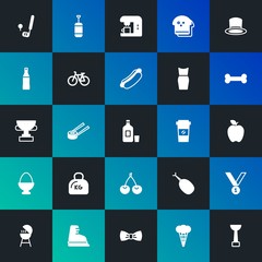 Modern Simple Set of food, clothes, sports, drinks Vector fill Icons. Contains such Icons as boxing, sushi,  grilled,  cream and more on dark and gradient background. Fully Editable. Pixel Perfect.