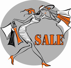 Theme shopping discounts sale. Woman hurries to have time to buy product at a discount