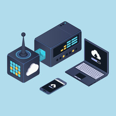 Isometric cloud storage concept. Laptop and smartphone connect to cloud storage. Vector illustration.