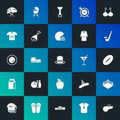 Modern Simple Set of food, clothes, sports, drinks Vector fill Icons. Contains such Icons as  barbecue,  style, sport, referee and more on dark and gradient background. Fully Editable. Pixel Perfect.