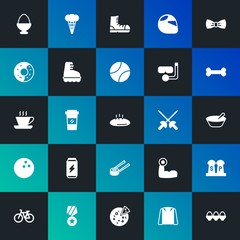 Modern Simple Set of food, clothes, sports, drinks Vector fill Icons. Contains such Icons as fashion,  award,  paper, salt and more on dark and gradient background. Fully Editable. Pixel Perfect.