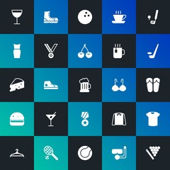 Modern Simple Set of food, clothes, sports, drinks Vector fill Icons. Contains such Icons as  leather,  water,  young,  sport and more on dark and gradient background. Fully Editable. Pixel Perfect.