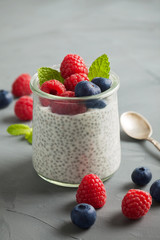 Chia pudding with fresh berries and almond milk. Superfood concept