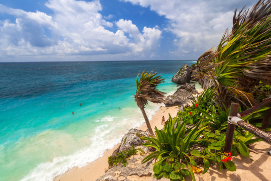 Caribbean beach at the cliff in Tulum, Mexico