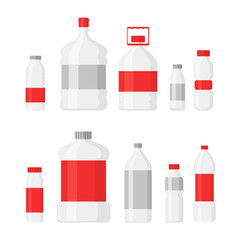 Vector illustration set of plastic bottles for drinking water and liquids, PET, recyclable. Different shapes of bottles with red labels in flat cartoon style isolated on white background.