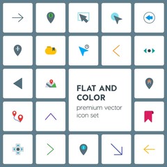 Modern Simple Set of location, arrows, cursors, bookmarks Vector flat Icons. Contains such Icons as  web,  pin,  next,  cursor,  pointer, map and more on grey background. Fully Editable. Pixel Perfect