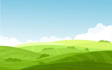 Poster Im Rahmen Vector Illustration der schönen Feldlandschaft mit einer Morgendämmerung, grünen Hügeln, hellblauem Himmel, Hintergrund im flachen Cartoon-Stil. © Natalia