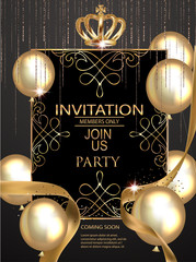 VIP party elegant banner with  golden design elements and air balloons. Vector illustration