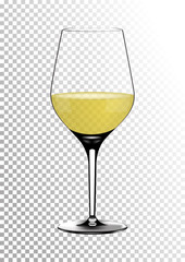 Transparent realistic vector wineglass full of white wine with bright saturated straw colored amber. Illustration in photorealistic style.