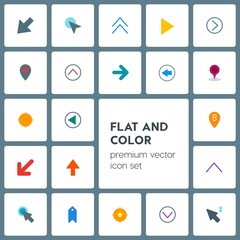 Modern Simple Set of location, arrows, cursors, bookmarks Vector flat Icons. Contains such Icons as  success,  back, left,  right,  location and more on grey background. Fully Editable. Pixel Perfect