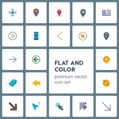 Modern Simple Set of location, arrows, cursors, bookmarks Vector flat Icons. Contains such Icons as  page, delete, book,  paper,  pin,  right and more on grey background. Fully Editable. Pixel Perfect